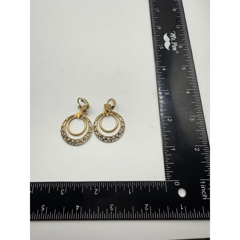 Vintage Gold Tone Filigree Double Hoop Clip On Earrings Ornate Boho Drop Jewelry